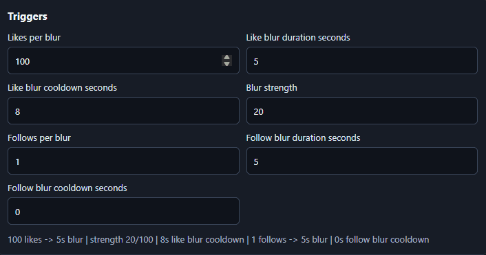 Blur Beta triggers panel with likes per blur, follows per blur, duration, cooldown, and blur strength fields