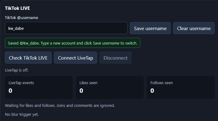 TikTok LIVE panel with saved username, LiveTap connect buttons, and counters for events, likes, and follows